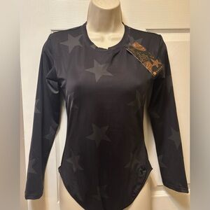 NWT Hapari Black Star Pattern Women's long sleeve one piece swim/surf open back